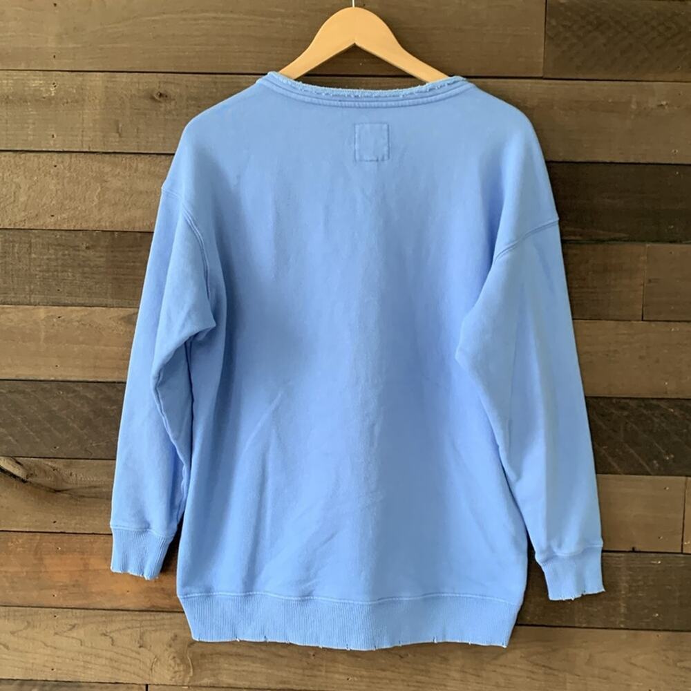 Aerie Women's Lace Up Oversized Distressed Sweatshirt in Blue White - Picture 5 of 8